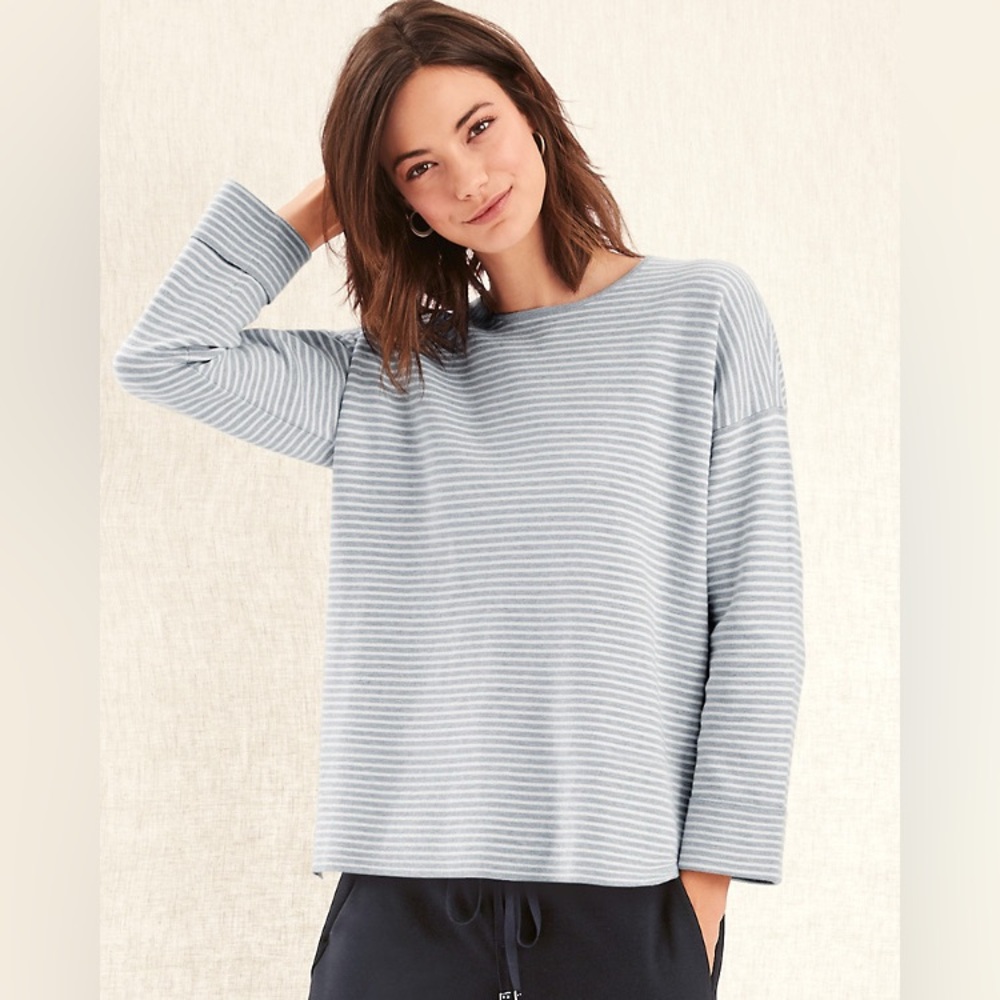 Eileen Fisher Light Blue & White Striped Scoop Neck Sweater